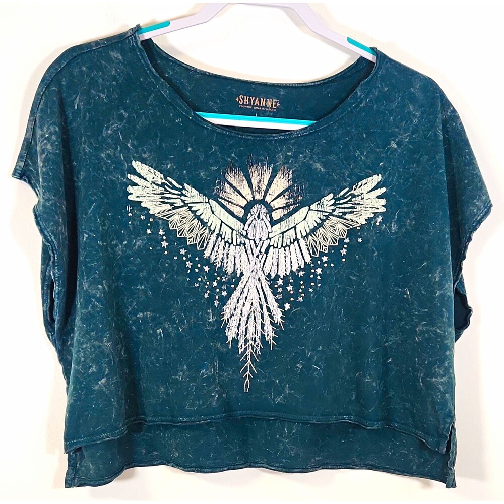 Shyanne Women’s Blue Cropped Graphic Bird T-Shirt Round Neck Short Sleeve L